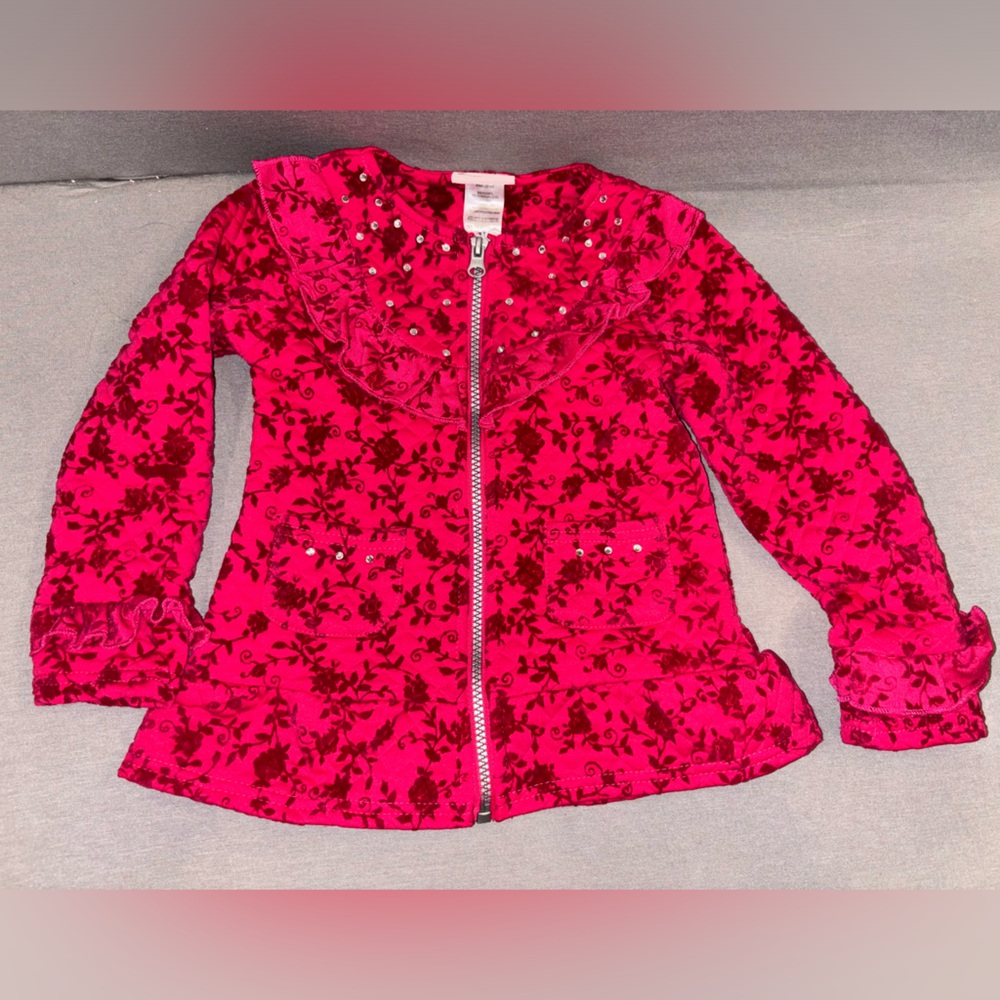 Toddler jacket. Pink and red floral zip front sequence gems size 4T